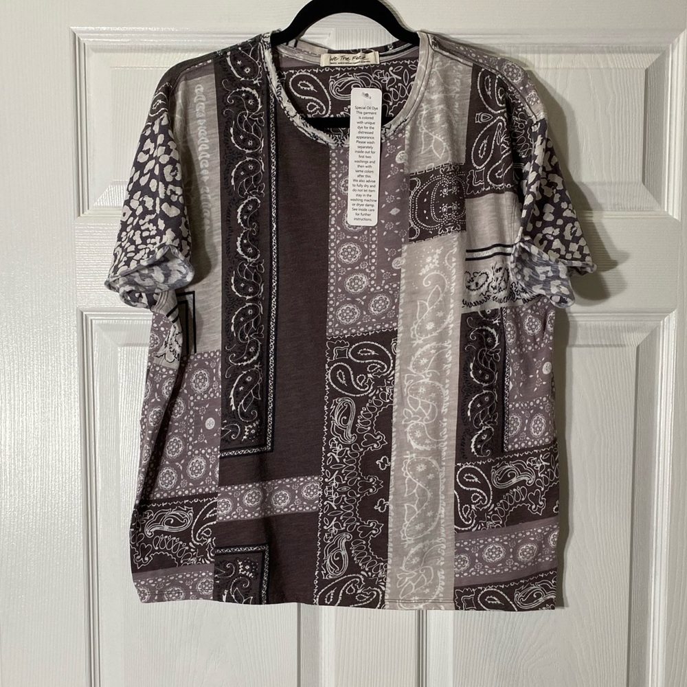 We The Free Patchwork Paisley Short Sleeve Tee in Gray and White - Picture 3 of 8